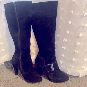 Black suede heel boots decorative buckle at ankle